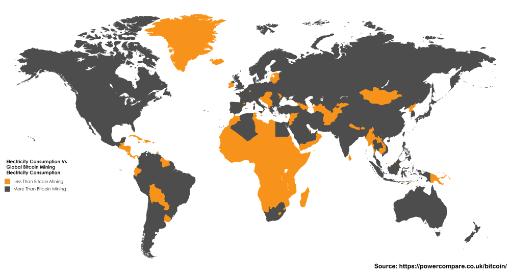 Расходы электричества на майнинг биткоинов опережают показатели 159 стран. Фото.