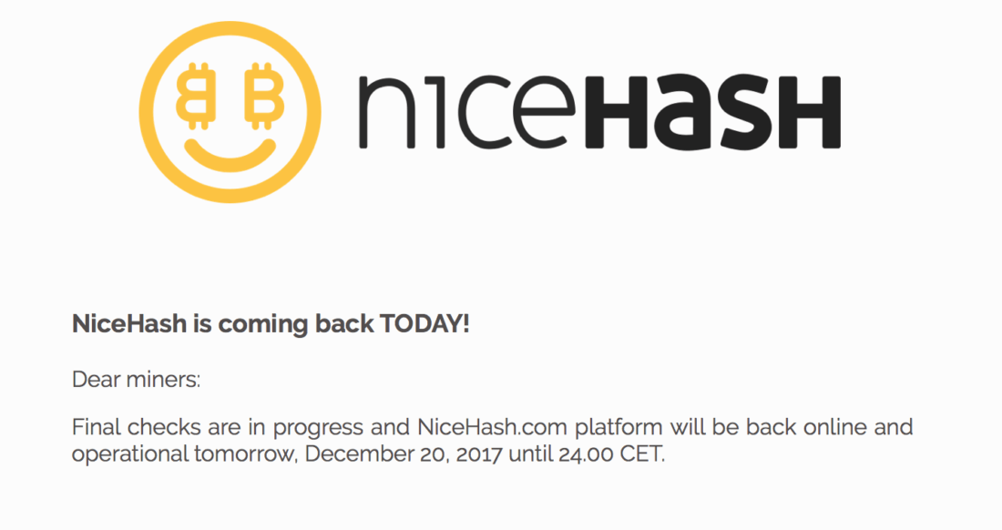 NiceHash вернет деньги — 31го января 2018 года. Фото.