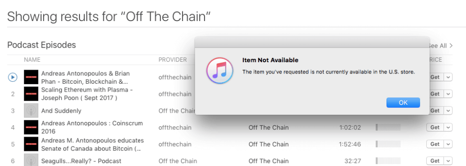 Apple удалила популярный подкаст о криптовалютах. В чём дело? Результаты поиска подкаста «Off the Chain» в американском iTunes Store, 6 ноября. Источник: Сointelegraph. Фото.