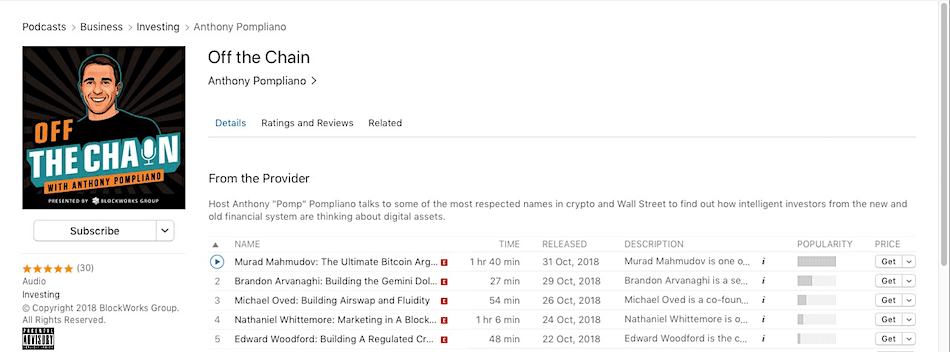 Apple удалила популярный подкаст о криптовалютах. В чём дело? Результаты поиска подкаста «Off the Chain» в британском iTunes Store, 7 ноября. Фото.