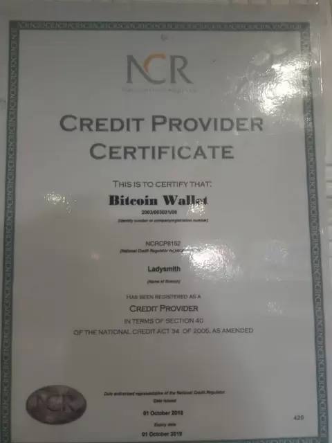 Поддельный сертификат Bitcoin Wallet от National Credit Regulator. Самое интересное в том, что этот регулятор не работает с инвестиционными схемами. Источник: iol.co.za. Фото.