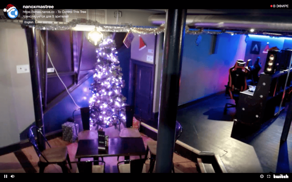 Новогодняя ёлка на Эфириуме. Праздничная ёлка от компании Nano в Pixel Bar в Лидсе, Великобритания. Источник: Twitch. Фото.
