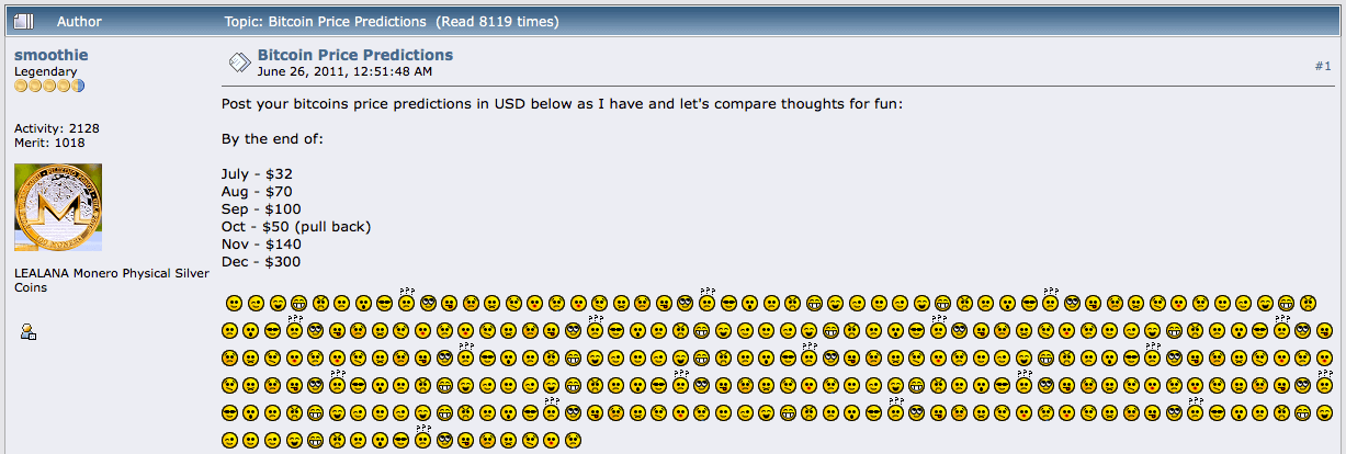 Перспективы прогнозов по Биткоину. Один из первых постов на форуме Bitcointalk с прогнозом цены в 300 долларов за каждый BTC. Источник: Bitcointalk. Фото.