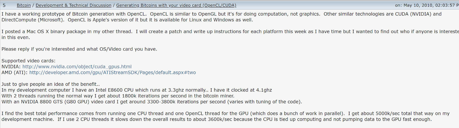 Кто придумал майнинг. Пост Ханеча на Bitcointalk с предложением концепции майнинга на GPU. Фото.
