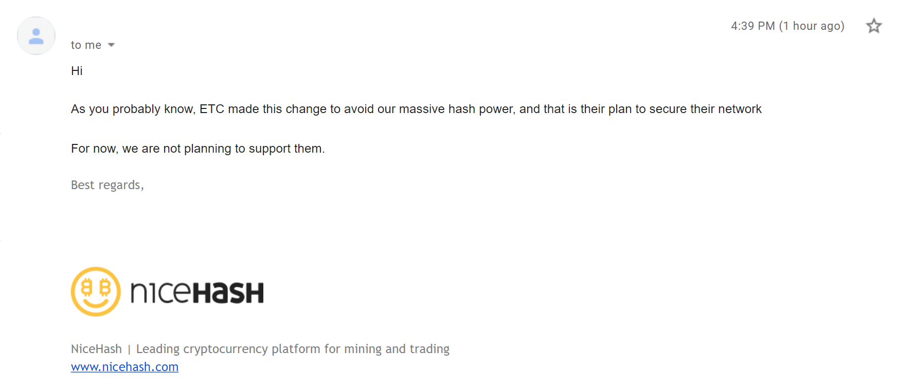 Nicehash не поддерживает Ethereum Classic. Письмо поддержки NiceHash. Фото.