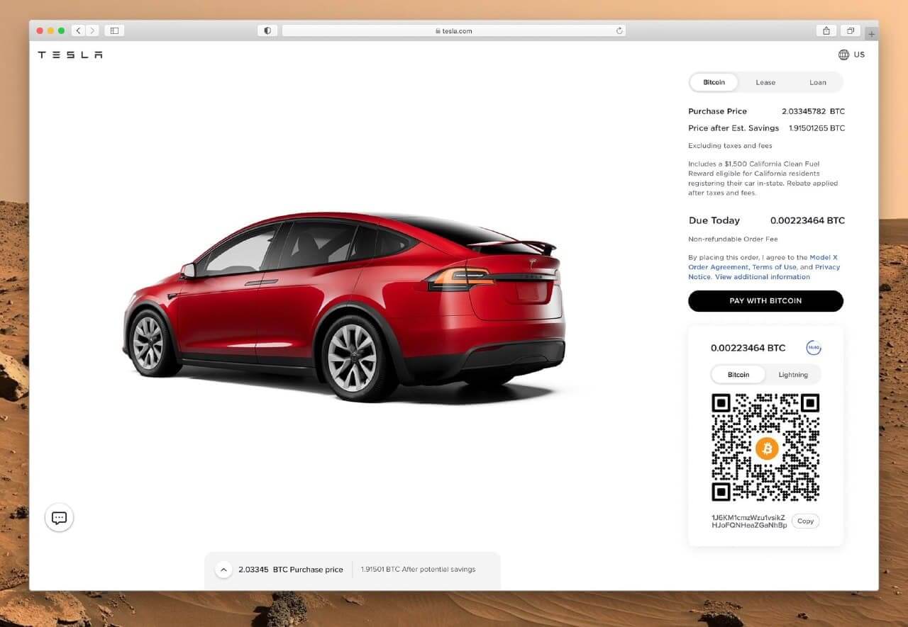 Почему покупают Биткоин? Рендер страницы оплаты автомобиля Tesla в биткоинах. Фото.