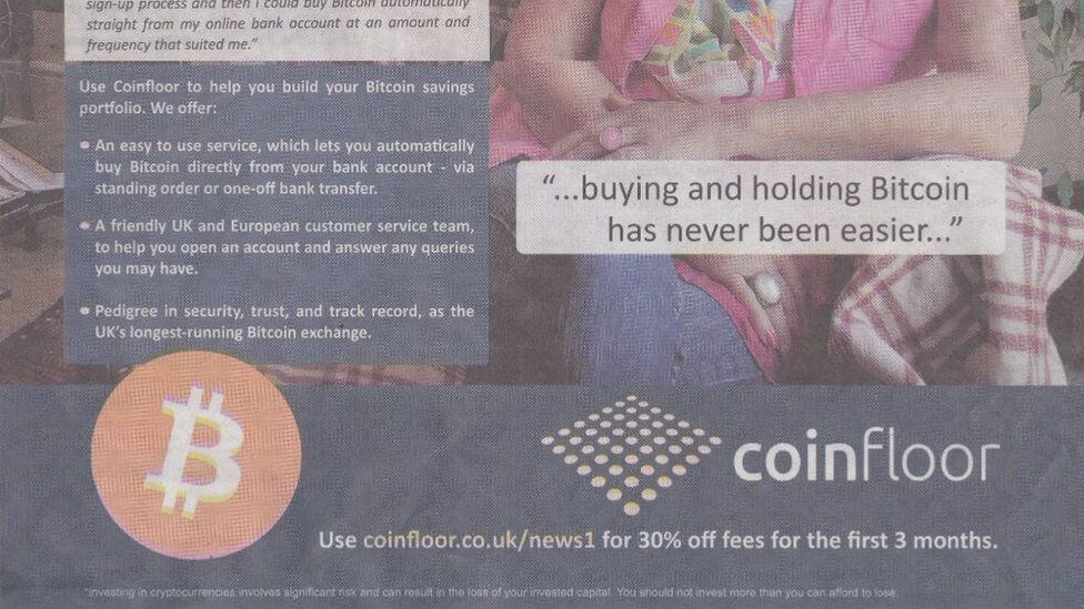 Visa и рынок криптовалют. Реклама Coinfloor в газете. Фото.