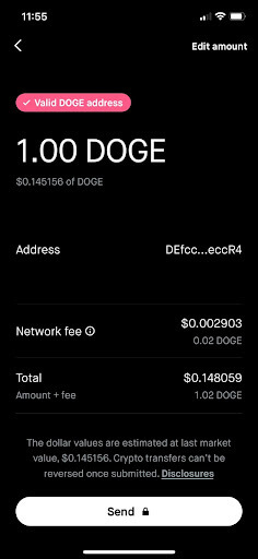 В чём преимущества Dogecoin. Скриншот с комиссией за транзакцию 1 DOGE. Фото.