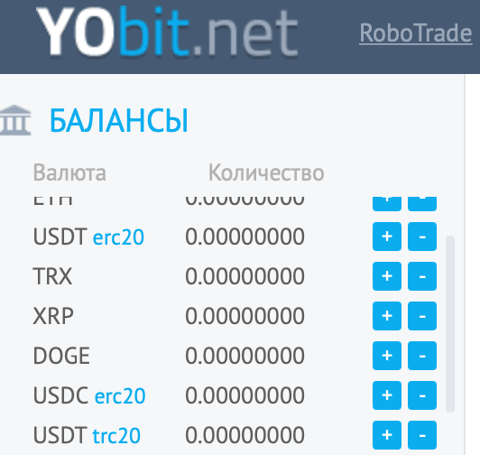 Как отправить криптовалюты на YoBit. Окно пополнения балансов на бирже YoBit. Фото.