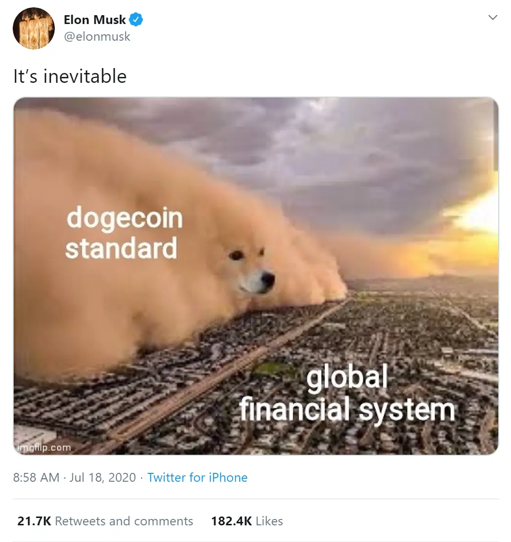Будет ли Илон Маск поддерживать Dogecoin. Один из многочисленных твитов Маска о Dogecoin. Фото.