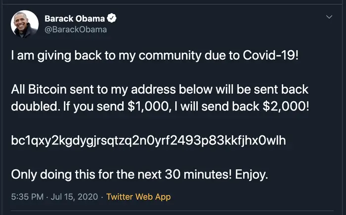 Где получится использовать криптовалюты. Пример мошеннического бота, который копирует профиль экс-президента США Барака Обамы для привлечения жертв. Фото.