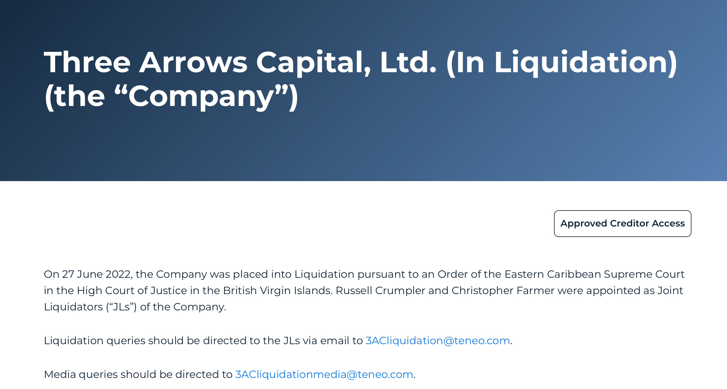 Сооснователь фонда Three Arrows Capital впервые за месяц вышел на связь. Он заявил о травле. Сайт для ликвидаторов фонда Three Arrows Capital. Фото.