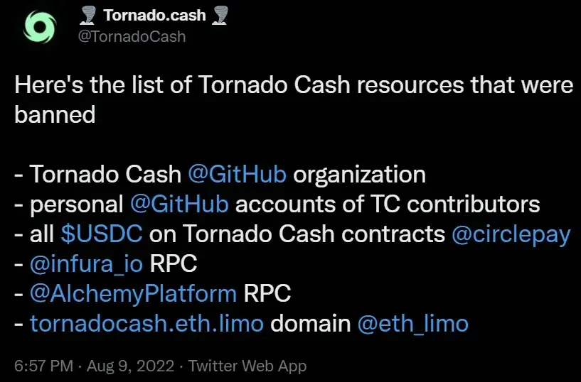 Что не так с Tornado Cash? Список заблокированных ресурсов Tornado Cash. Фото.