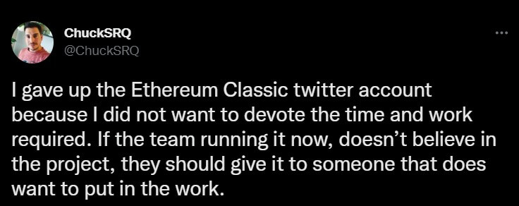 Что случилось с Твиттером Ethereum Classic? Твит ChuckSRQ об отказе от учётной записи Ethereum Classic. Фото.