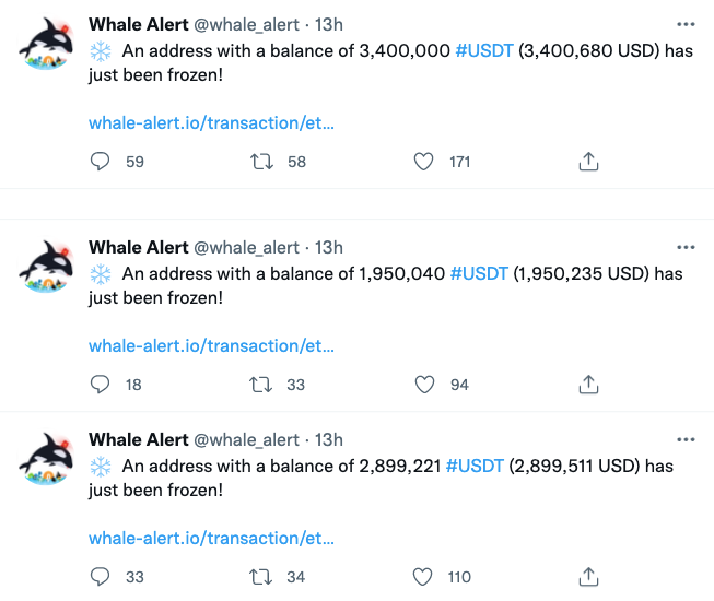 Какие криптовалюты можно заморозить? Уведомления о заморозке средств от бота Whale Alerts в Твиттере. Фото.