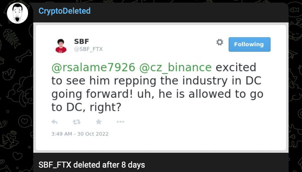 Что происходит с FTT у биржи Binance. Удалённый твит Сэма Банкмана-Фрида с критикой Чанпена Чжао. Фото.