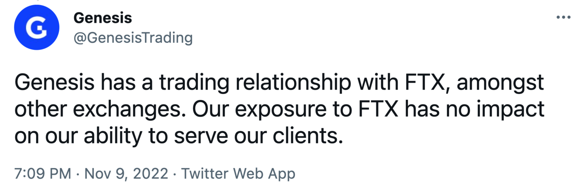 Что будет с криптовалютной биржей FTX. Твит представителей Genesis о том, что связь компании с FTX якобы никак на ней не сказывается. Фото.