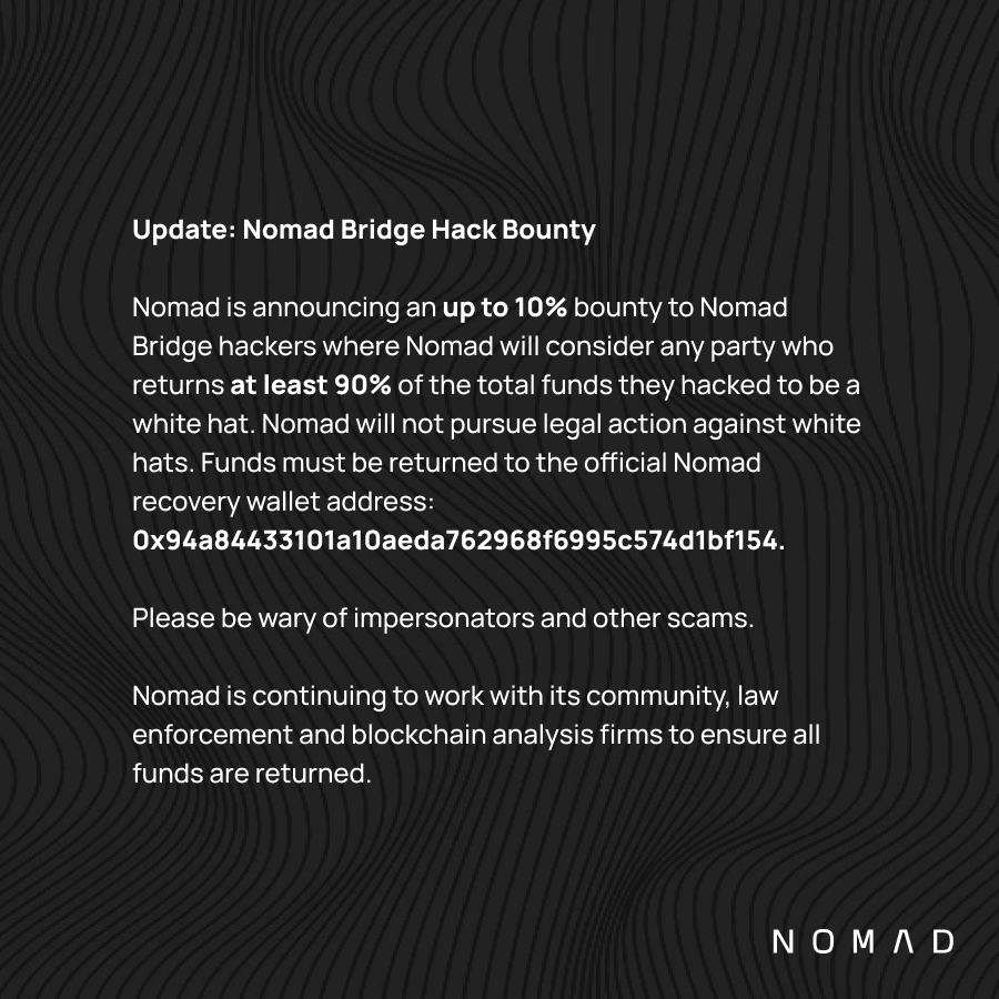 Блокчейн-мост Nomad: 190 миллионов долларов. Обращение к хакерам от команды Nomad. Фото.