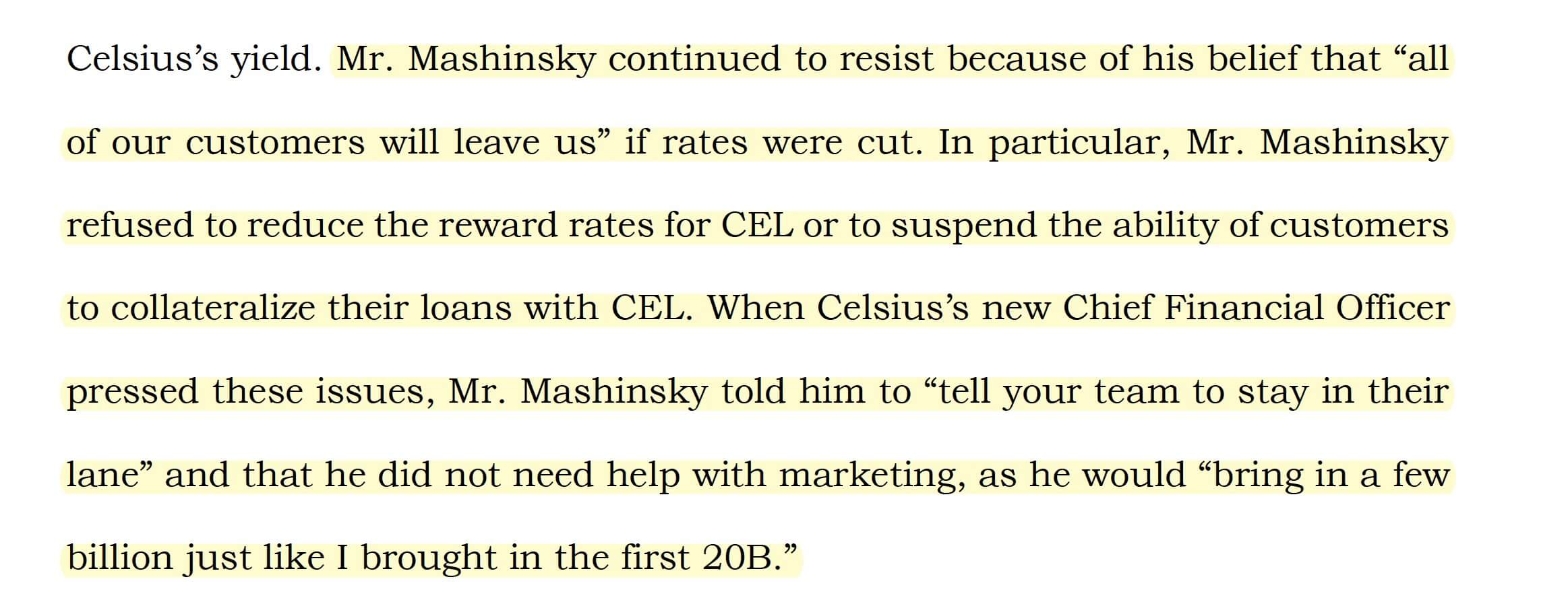 Что произошло с криптоплатформой Celsius? Цитата из отчёта о действиях Машинского, в которой он отказывался понижать доходность для пользователей. Фото.