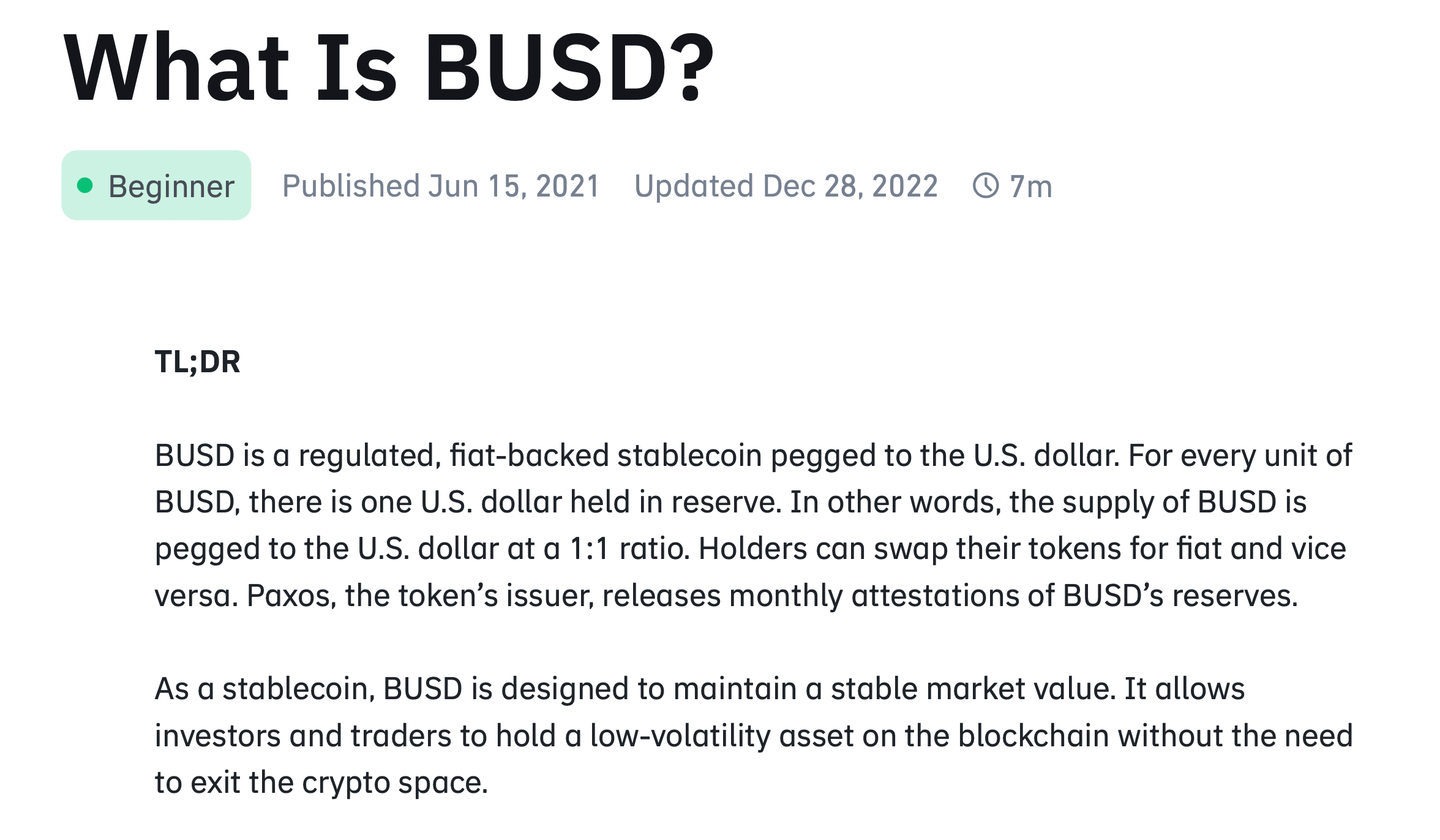 Регуляторы запретили выпуск стейблкоина BUSD от крупнейшей криптобиржи Binance. Что дальше, и кто виноват? Статья о BUSD на сайте Binance Academy. Фото.