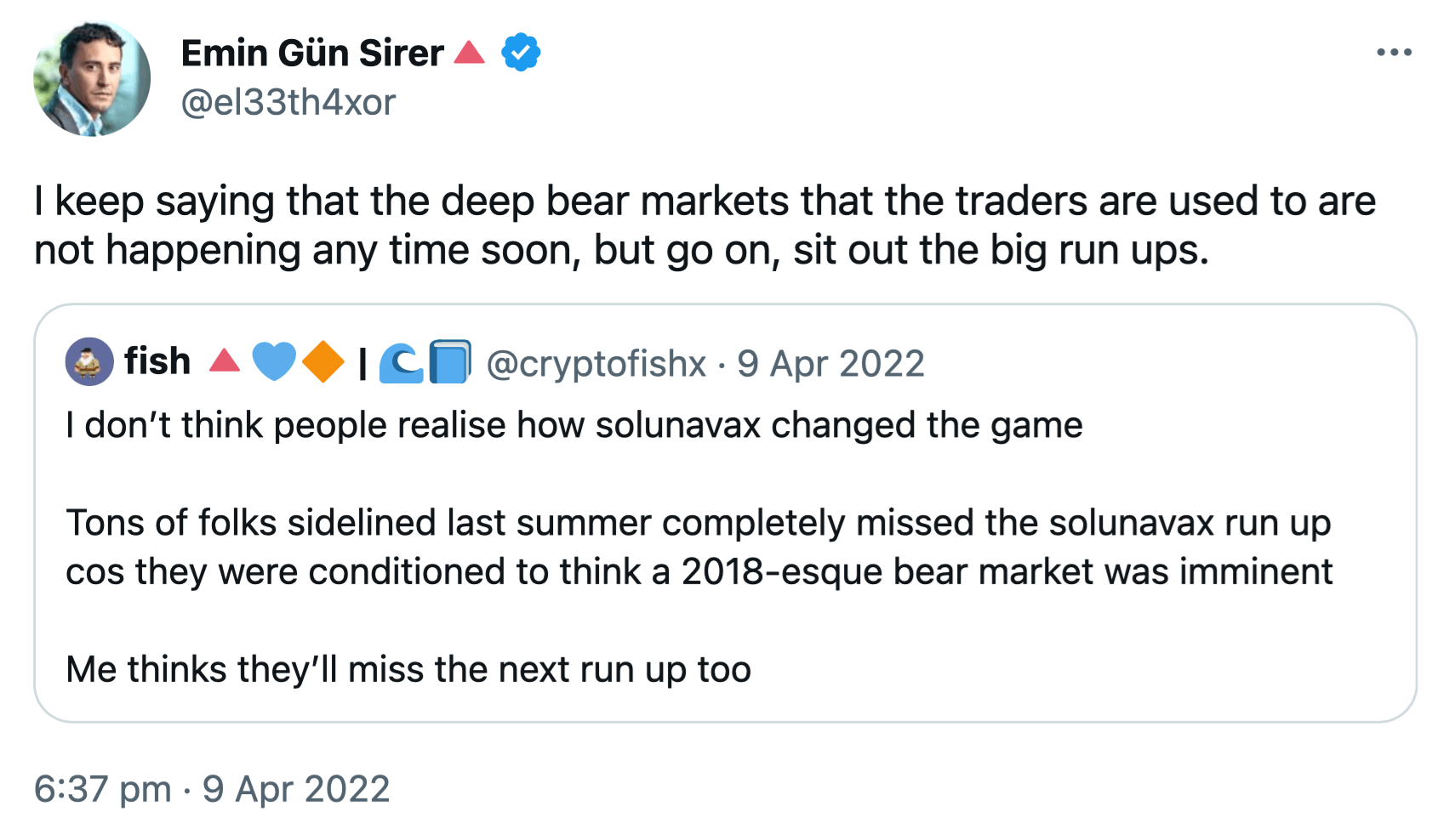 Сколько вкладывают в криптовалюты. Твит руководителя Ava Labs Эмина Гюна Сирере о том, что медвежьего тренда якобы не стоит ждать. Фото.