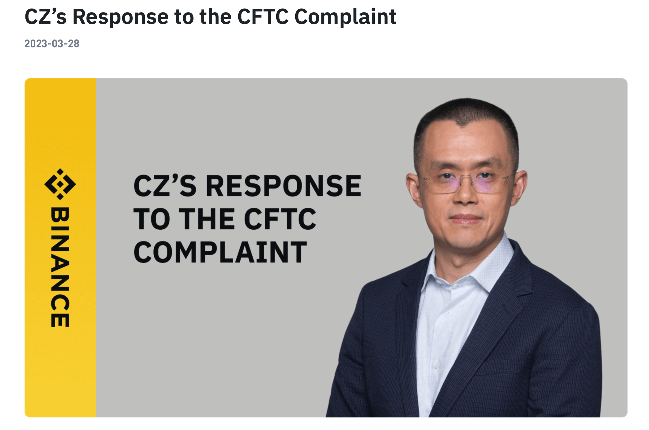 Чем ответил руководитель криптобиржи Binance. Ответ руководителя Binance Чанпена Чжао на иск CFTC. Фото.
