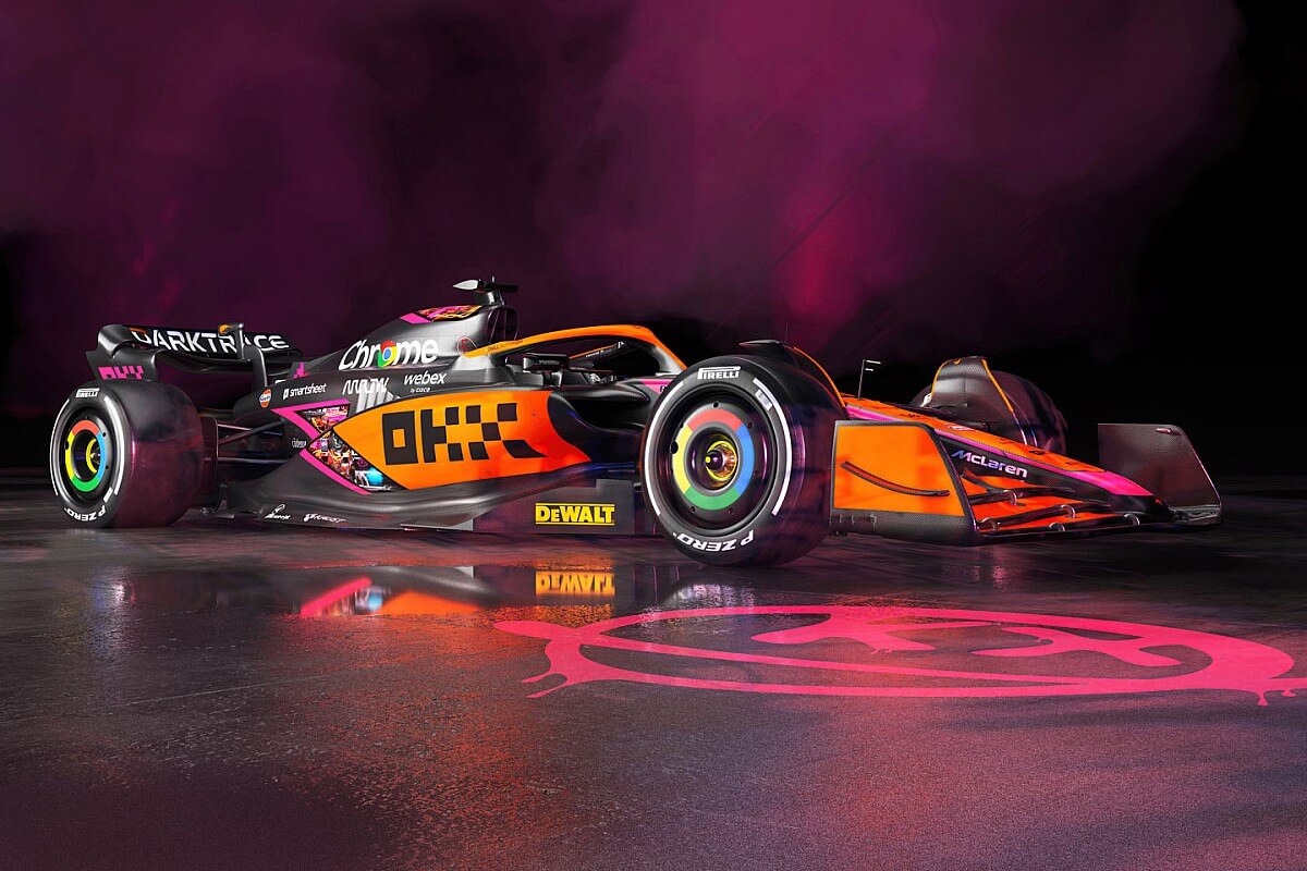 Реклама криптовалют в Формуле 1 в 2023 году. Реклама OKX от McLaren в Формуле 1. Фото.