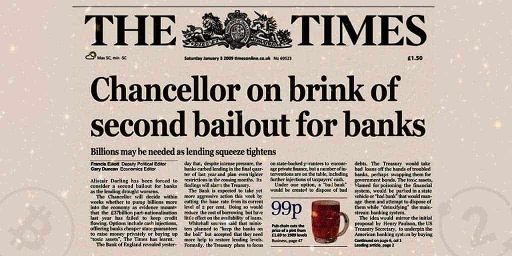 Что будет с криптовалютами из-за краха банков. Заголовок в газете The Times, который был упомянут в первом блоке Биткоина. Фото.