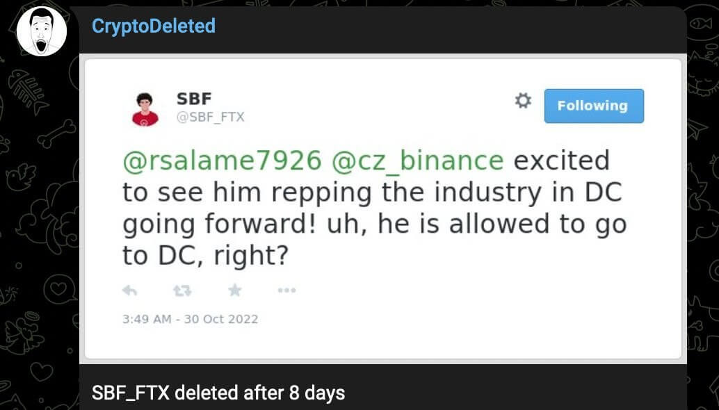 Основатель криптобиржи FTX специально распространял слухи о руководителе Binance. Но зачем? Удалённый твит Сэма Банкмана-Фрида об основателе Binance Чанпене Чжао. Фото.