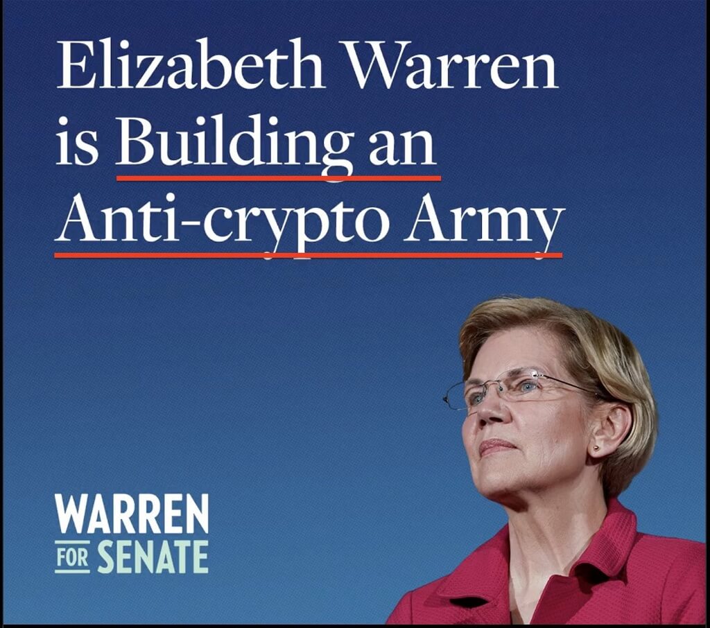 Что будет с криптовалютами в США. Избирательная кампания Элизабет Уоррен с призывом бороться против криптовалют. Фото.
