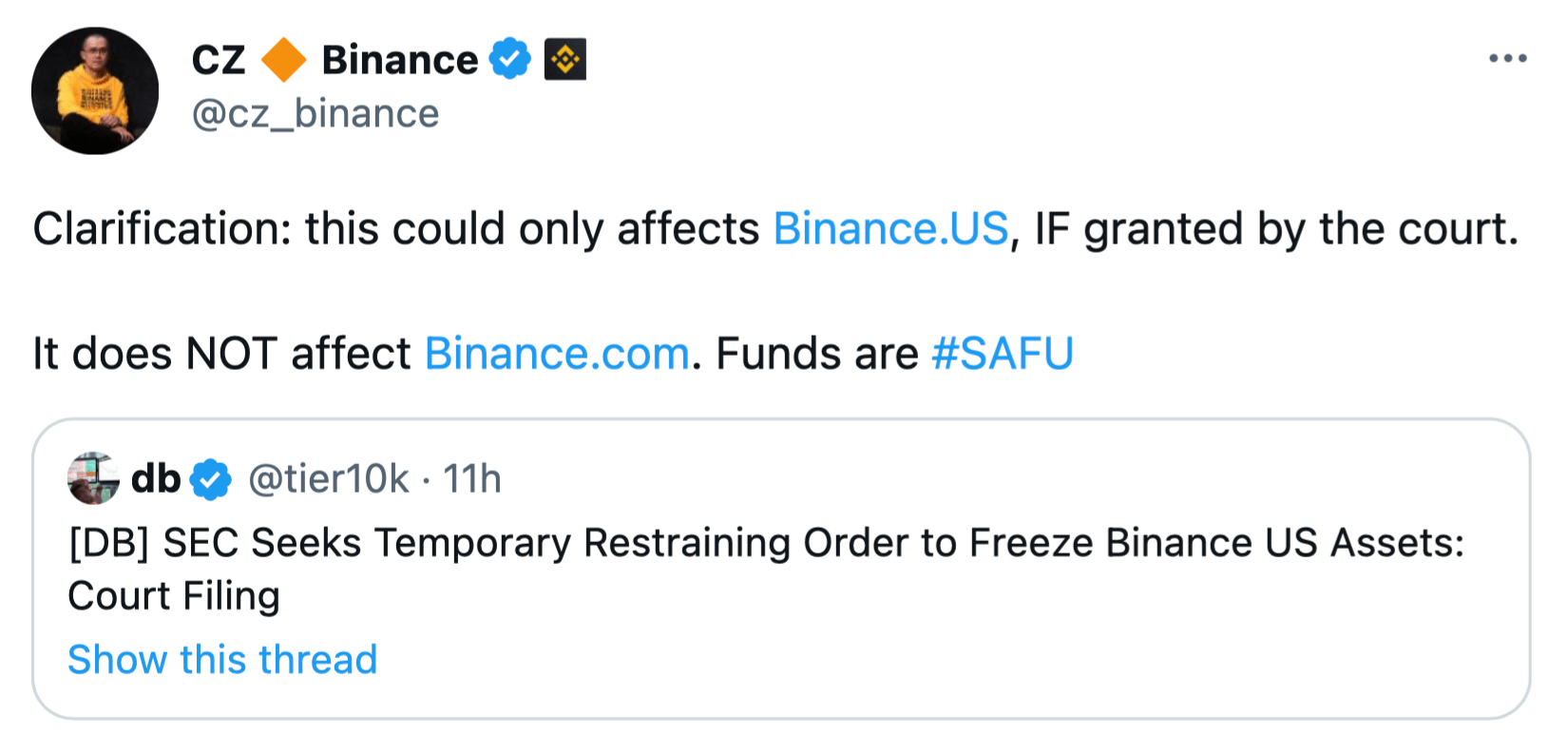 С криптобиржи Binance массово выводят деньги после судебного иска SEC. Есть ли в этом смысл? Комментарий Чанпена Чжао в отношении возможной заморозки криптоактивов биржи Binance-US. Фото.