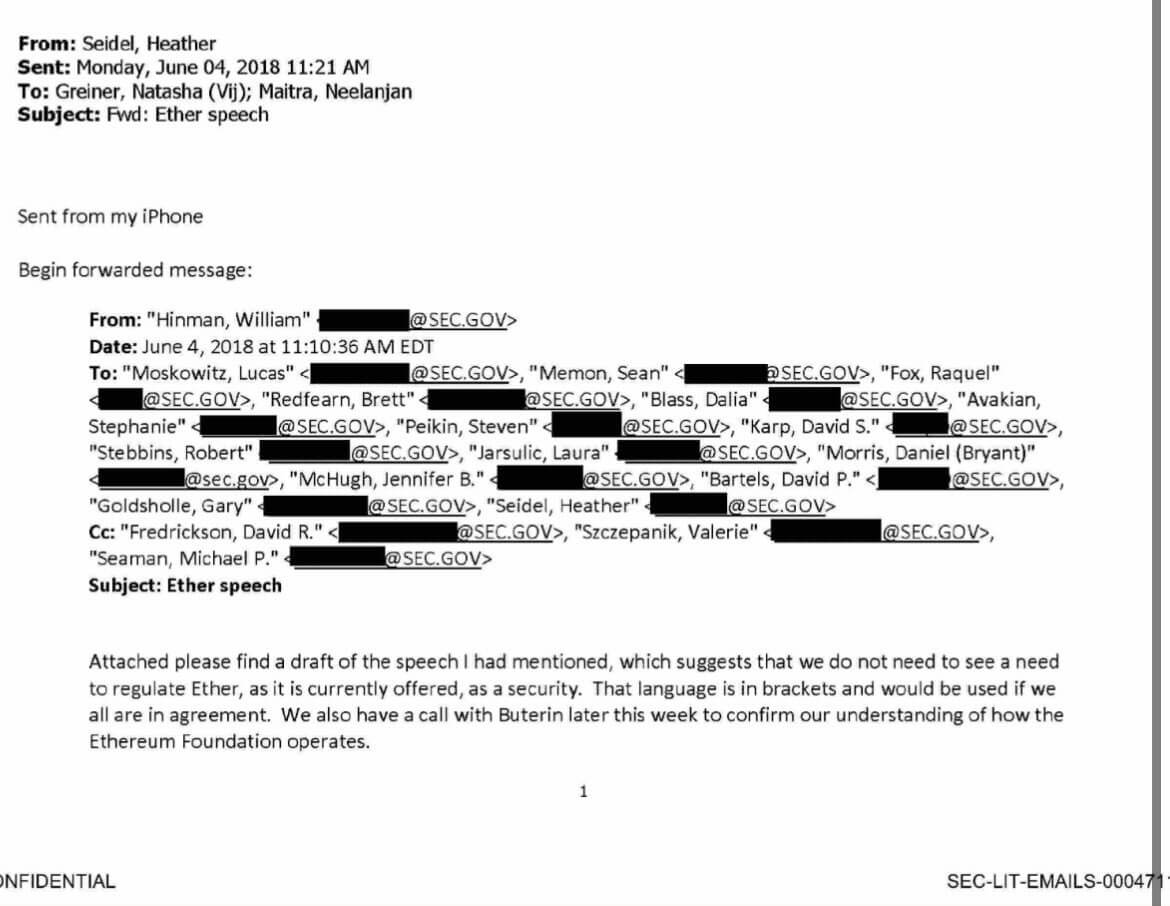 Документы Хинмана для криптовалют. Упоминания Эфириума в письмах бывшего представителя SEC Уильяма Хинмана. Фото.