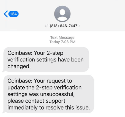 В чём обвиняют криптовалютную биржу Coinbase? Пример фейковых SMS от мошенников, которые выдавали себя за сотрудников Coinbase. Фото.