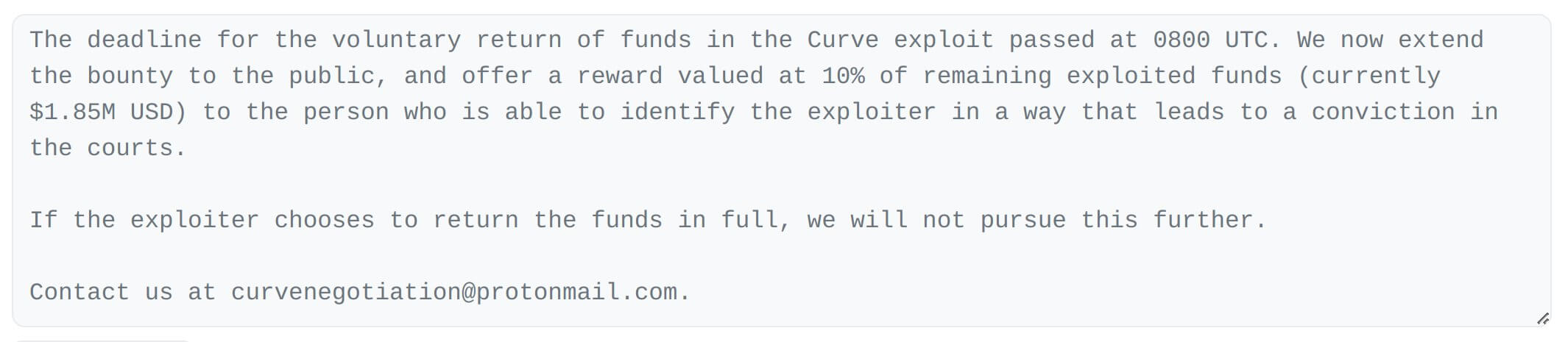Как мошенники крадут криптовалюты? Сообщение представителей платформы Curve Finance о выставлении награды за нахождение хакера. Фото.