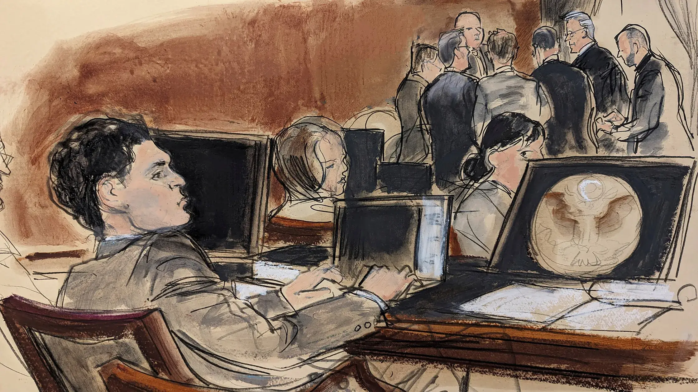 Что происходит в суде по Сэму Банкману-Фриду. Скетч судебного заседания с бывшим руководителем криптобиржи FTX Сэмом Банкманом-Фридом. Фото.