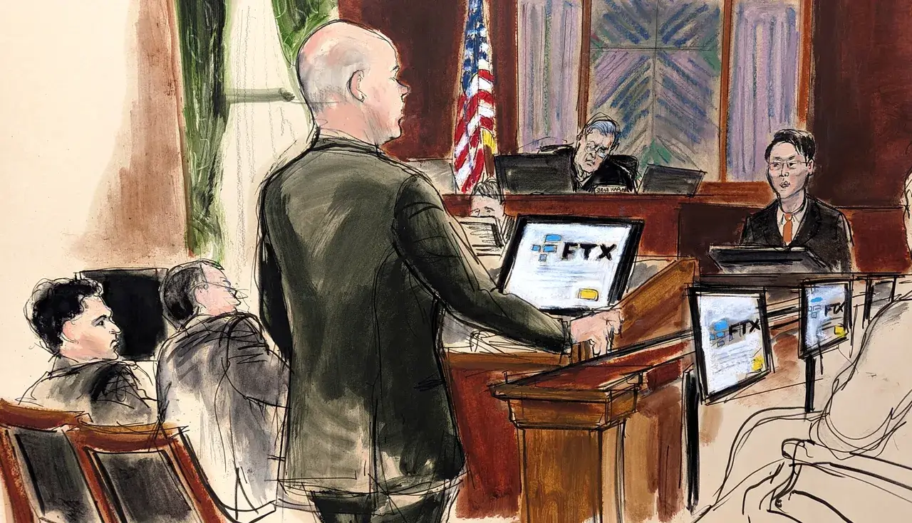Что происходит на суде по криптобирже FTX. Скетч судебного заседания по делу бывшего руководителя FTX Сэма Банкмана-Фрида. Фото.