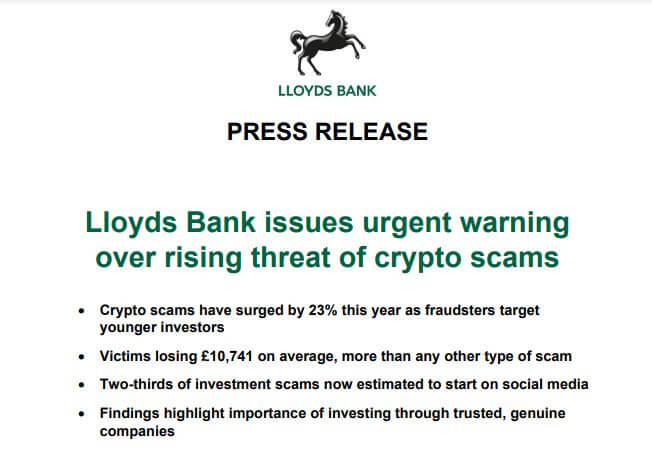 Что происходит с криптовалютами? Пресс-релиз банка Lloyds о криптовалютном мошенничестве. Фото.