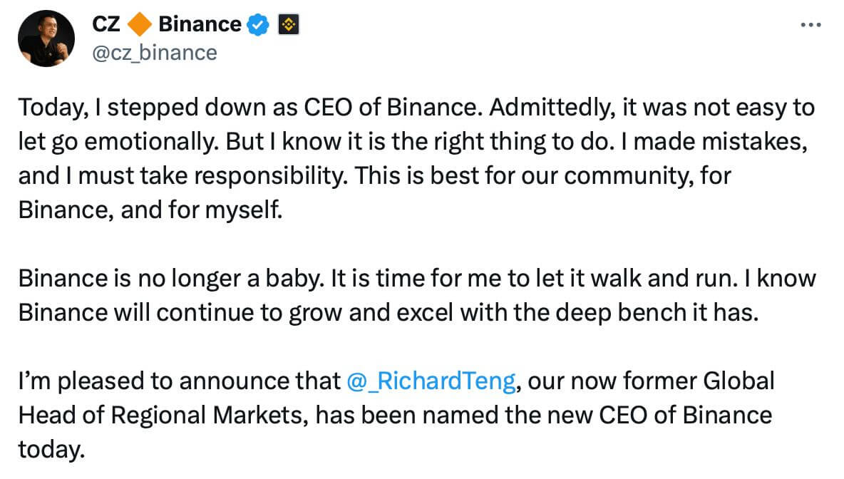Что будет с криптобиржей Binance? Заявление Чанпена Чжао в Твиттере. Фото.