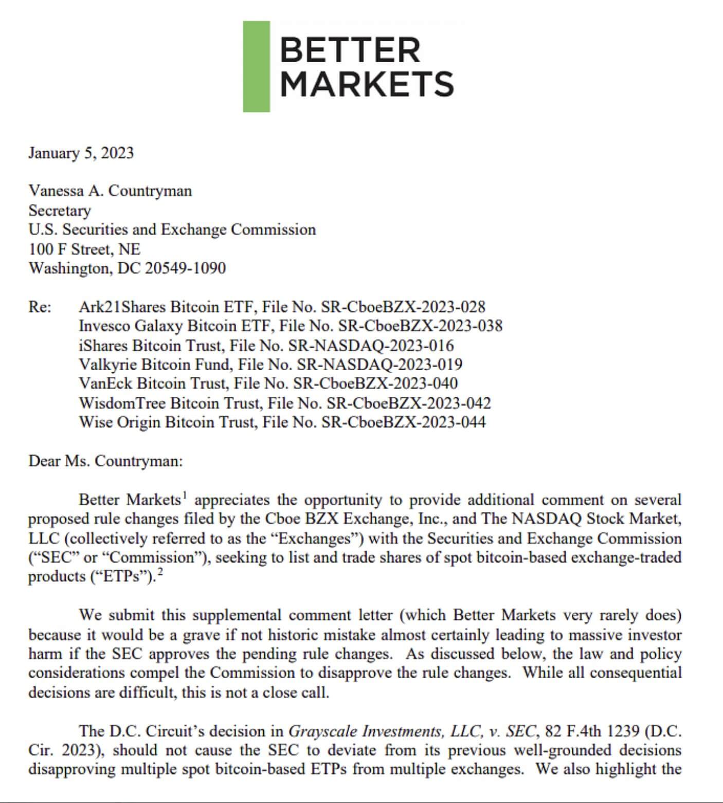 За что критикуют ETF на Биткоин. Письмо Better Markets представителям Комиссии по ценным бумагам и биржам США. Фото.