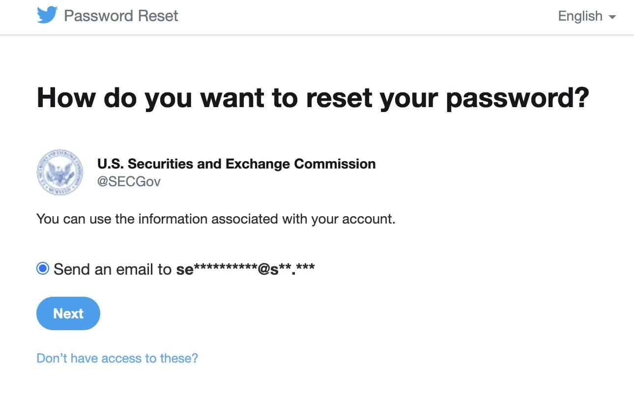 Действительно ли SEC одобрила ETF. Попытка сбросить пароль от аккаунта Комиссии по ценным бумагам в Твиттере. Фото.