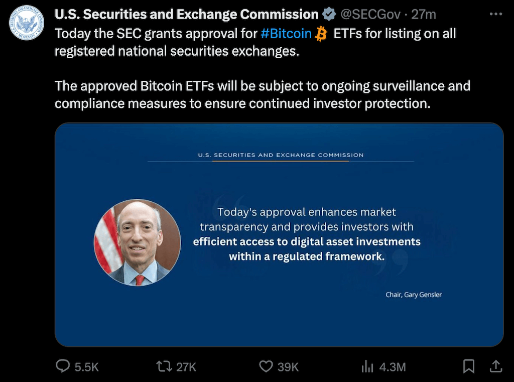 Действительно ли SEC одобрила ETF. Фейковый твит Комиссии по ценным бумагам о якобы одобрении ETF на Биткоин. Фото.