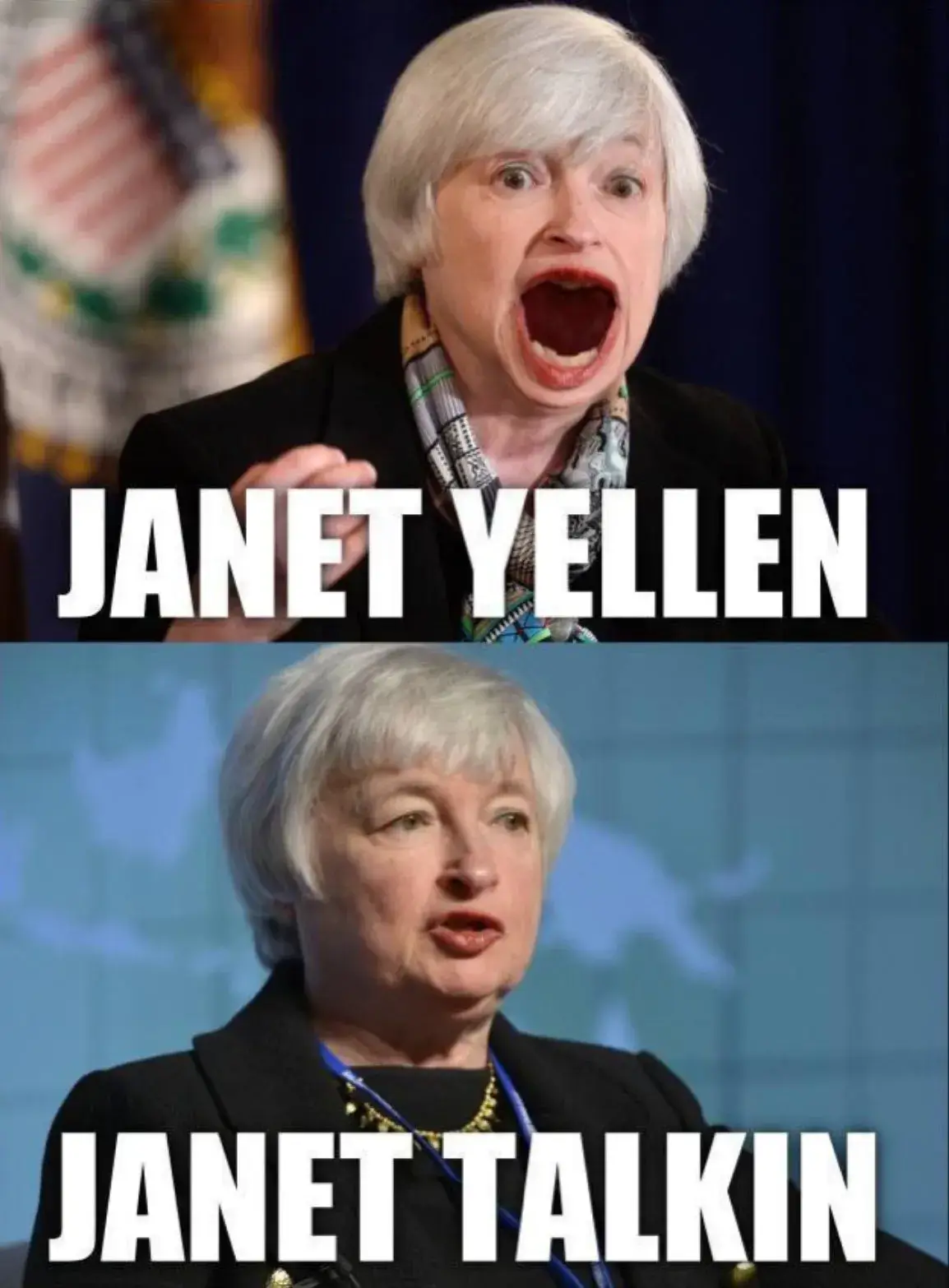 Что будет с курсом Биткоина? Министр финансов США Джанет Йеллен в меме от Артура Хейса. Шутка заключается в том, что «yell» с английского означает «кричать». Фото.