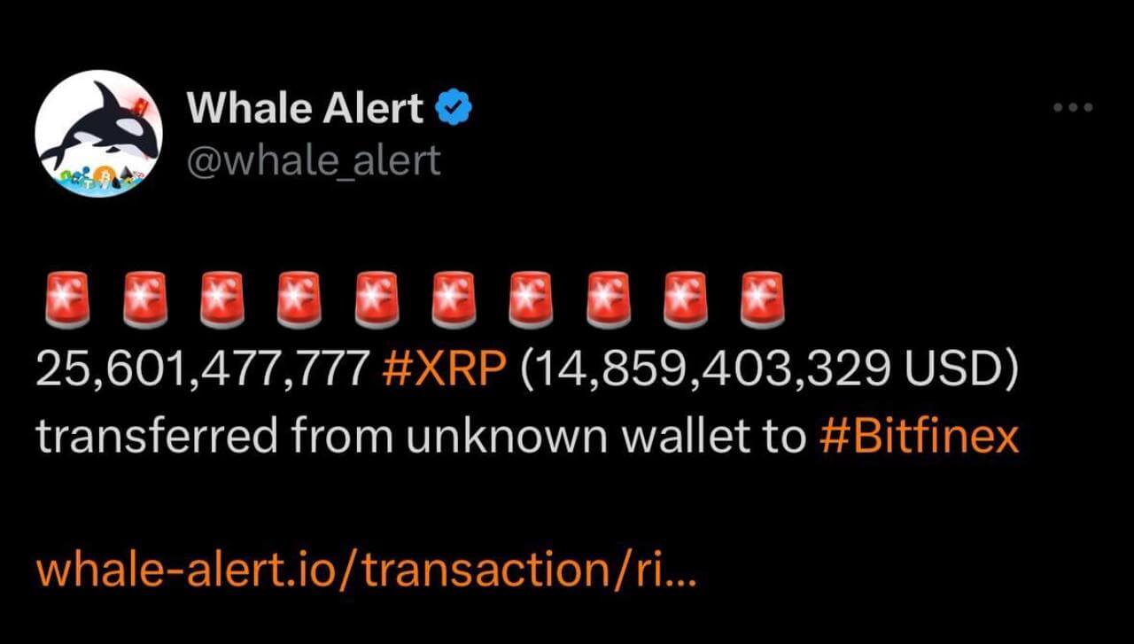 Что произошло с XRP от Ripple? Удалённый твит Whale Alert о масштабной транзакции с XRP. Фото.