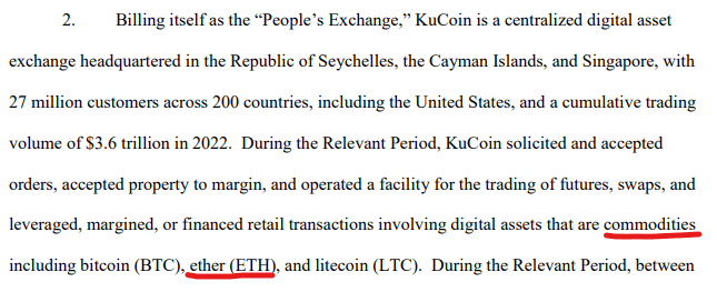 В чём обвинили криптобиржу KuCoin? Упоминание Биткоина, Эфириума и Лайткоина как товаров в претензиях CFTC. Фото.