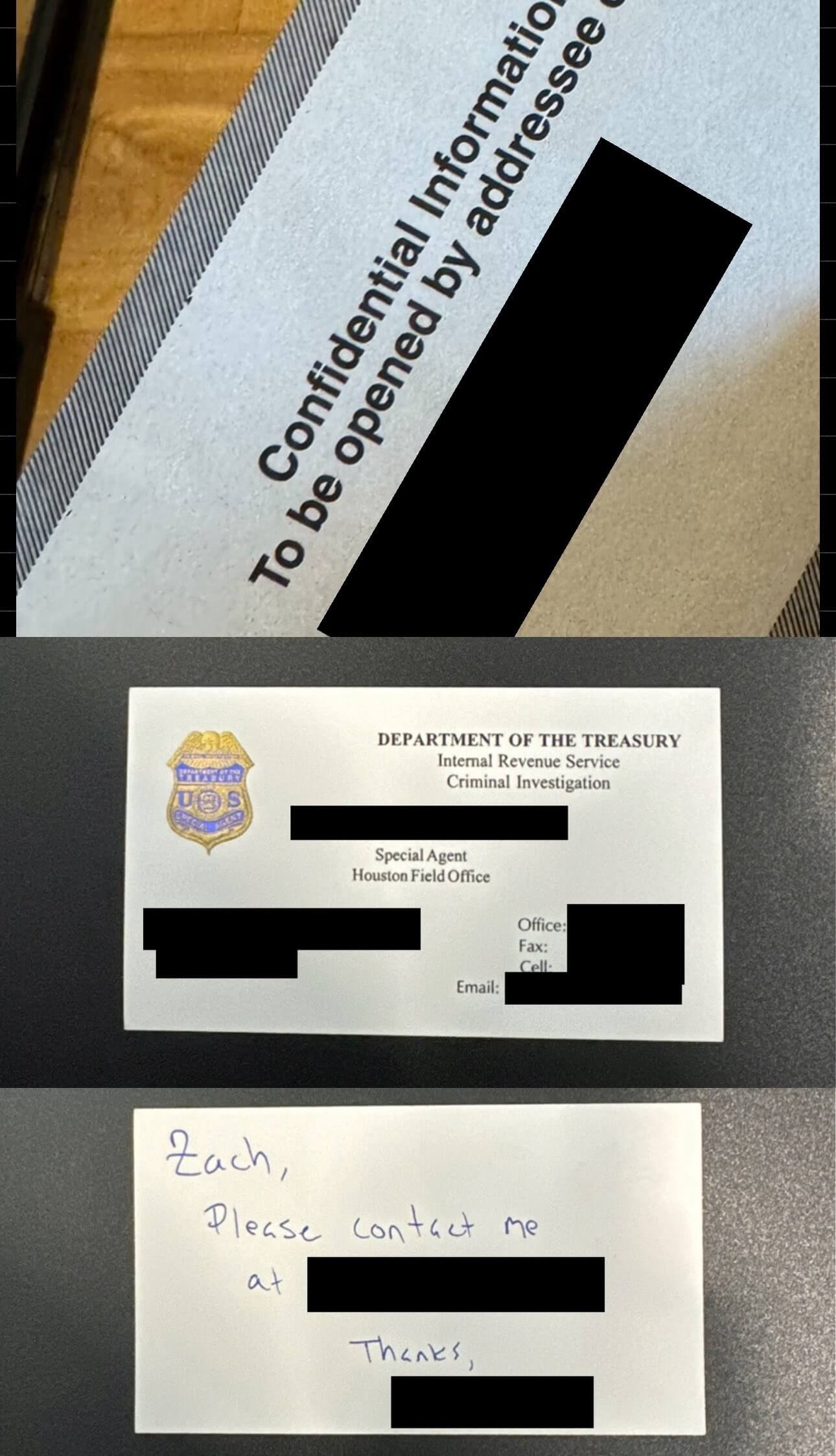 Когда ждать новые ETF на криптовалюты? Агенты IRS оставляли ZachXBT свои визитки с просьбой выйти на контакт. Фото.