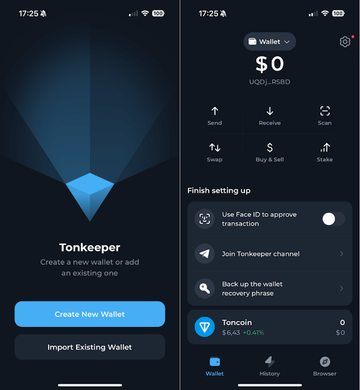Продвинутый вариант — Tonkeeper. Интерфейс кошелька Tonkeeper для Toncoin (TON). Фото.