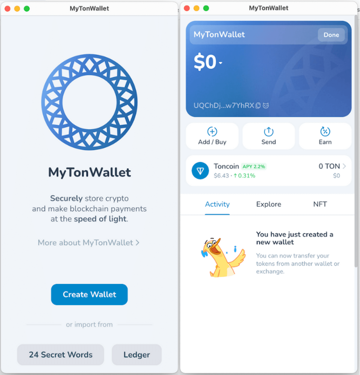 Самый безопасный вариант — MyTonWallet в сочетании с Ledger. Интерфейс кошелька MyTonWallet в Chrome для Toncoin (TON). Фото.