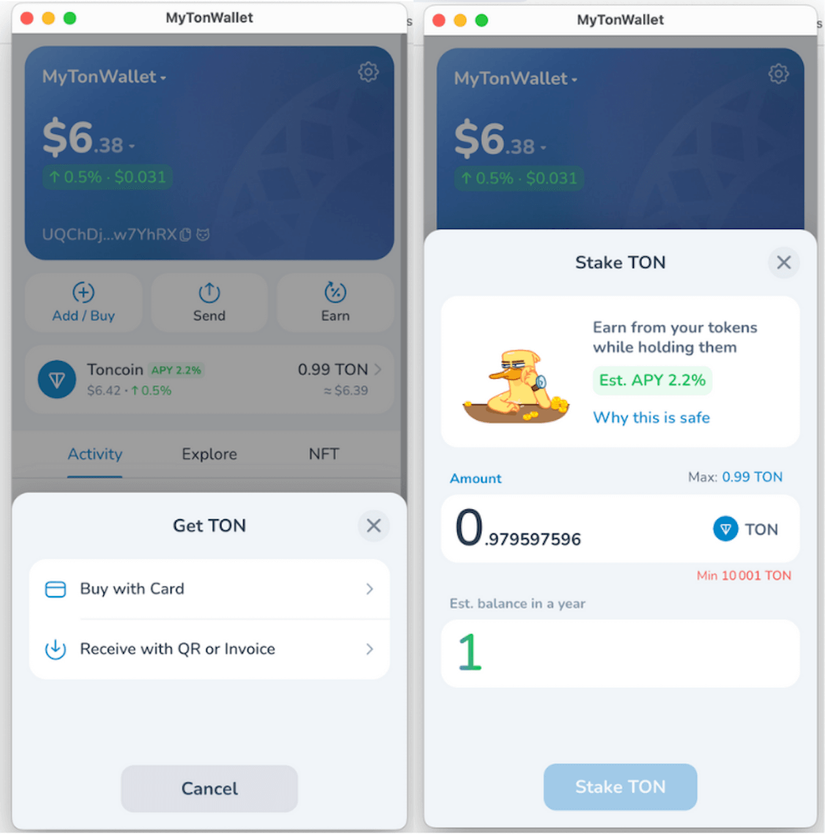 Самый безопасный вариант — MyTonWallet в сочетании с Ledger. Получения крипты и стейкинг в кошельке MyTonWallet в Chrome для Toncoin (TON). Фото.
