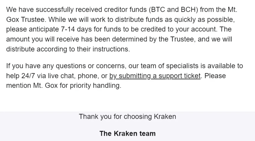 Что будет с биткоинами биржи Mt.Gox. Письмо представителей криптобиржи Kraken своим клиентам. Фото.