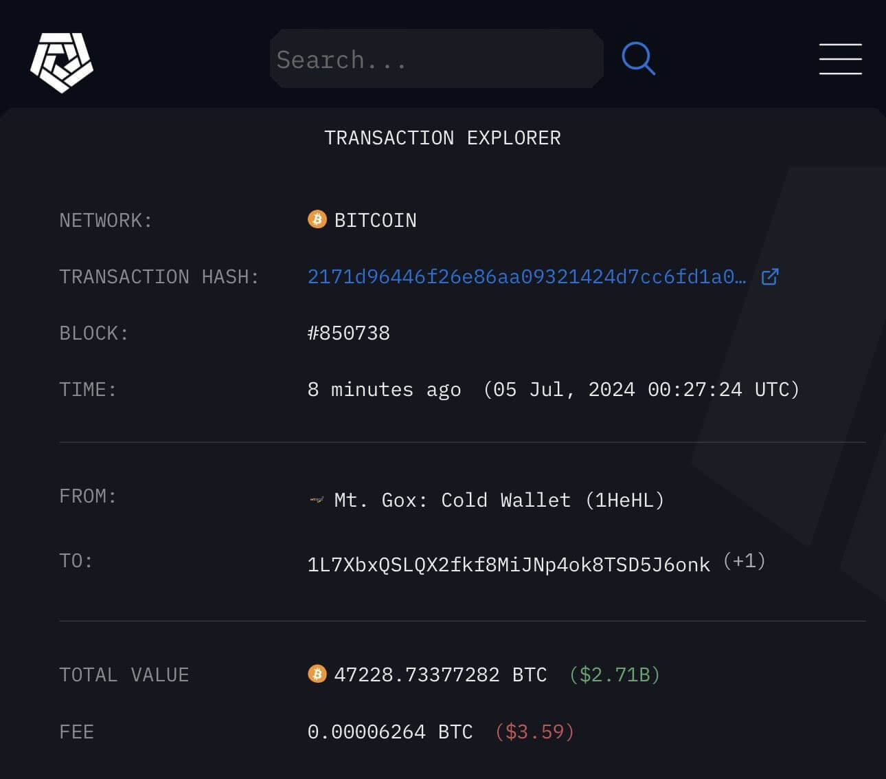 Криптобиржа Mt. Gox начала выплаты. Крупная операция с биткоинами от представителей Mt.Gox, которая была проведена сегодня ночью. Фото.